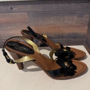 Coach Giuliana Black Gold Leather Ankle Strap Heel, Size 11B Italy Classic